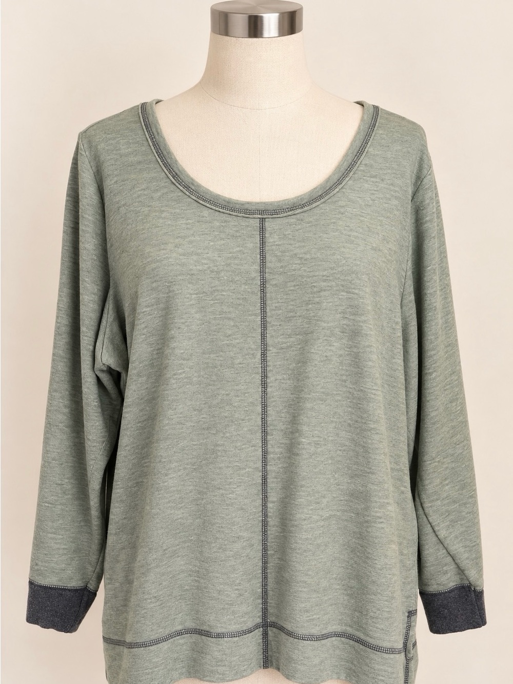 Plus Size 2X Sage Green Contrast Stitch Scoop Neck Sweatshirt